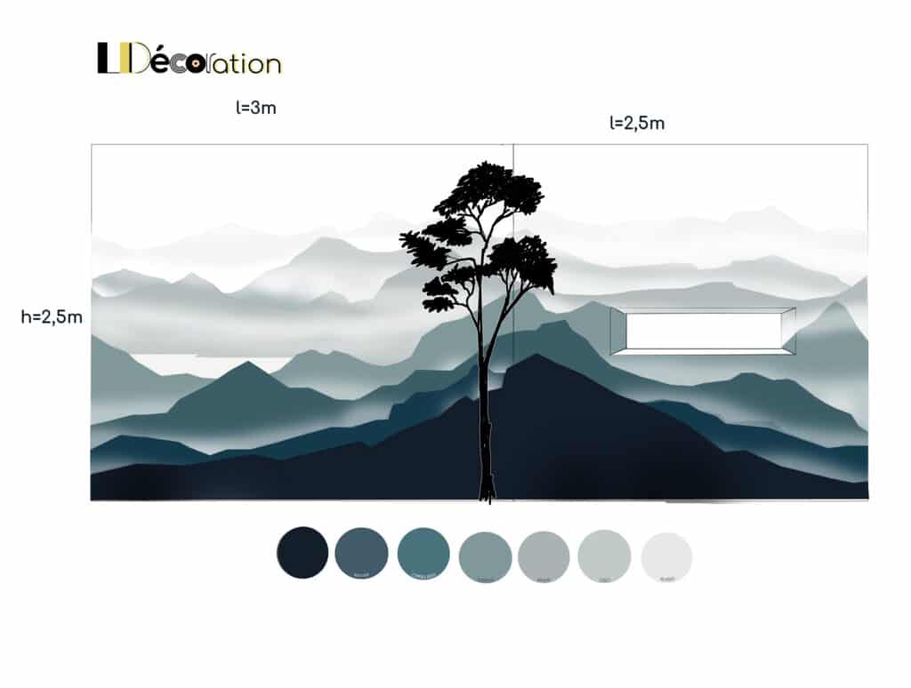 Papier Peint Panoramique Montagne Bleu Gris - LDécoration Mural zen LDécoration : paysage de montagnes bleu et gris, silhouette d'arbre, dimensions h=2,5m, l=3m et l=2,5m.